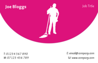 Man with a mop against the pink background on this business card is clearly a design for a cleaning company or cleaner.