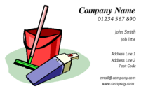 Ideal business card design for a cleaning company or cleaner portraying typical cleaning equipment like a vacuum cleaner, brush, bucket.